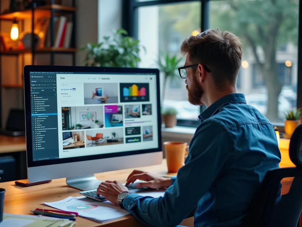 Quels sont les trois services web les plus utilisés ? 2 Designer web créant une maquette de site attrayant sur un ordinateur.