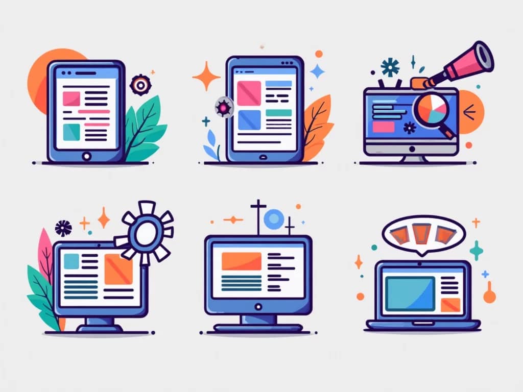 Icônes représentant les caractéristiques clés de la conception de sites web.