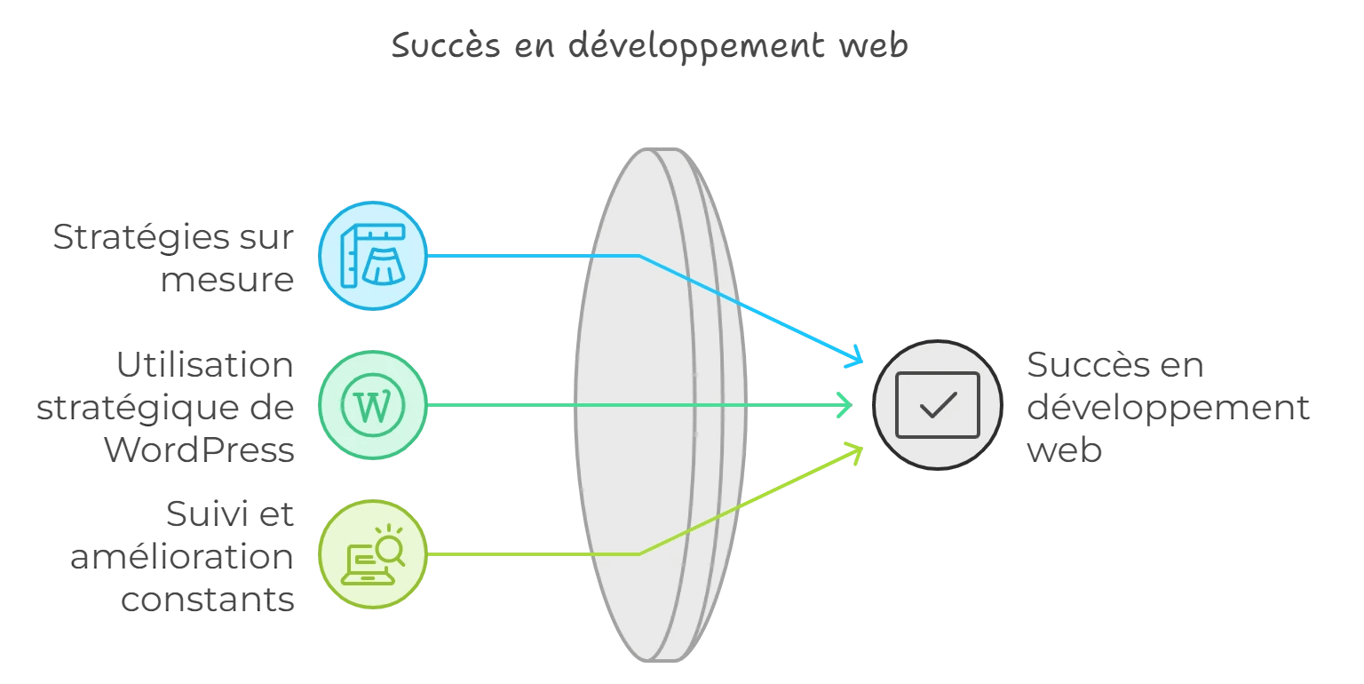 Stratégies sur mesure + Utilisation stratégique de WordPress + Suivi et amélioration constants = votre succès en développement web