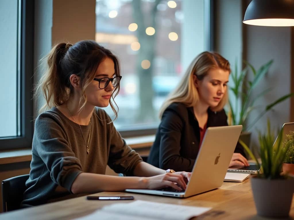 Two web developers from a web agency working in a coworking space